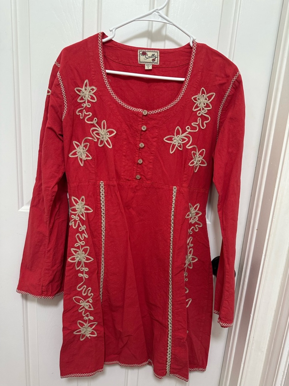 Scully Red Tunic dress with Cream Floral Embroidery Womens size large